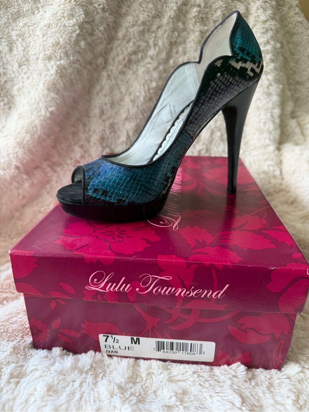 Lulu Townsend Teal-Blue Snakeskin Peep-Toe Stiletto Pump